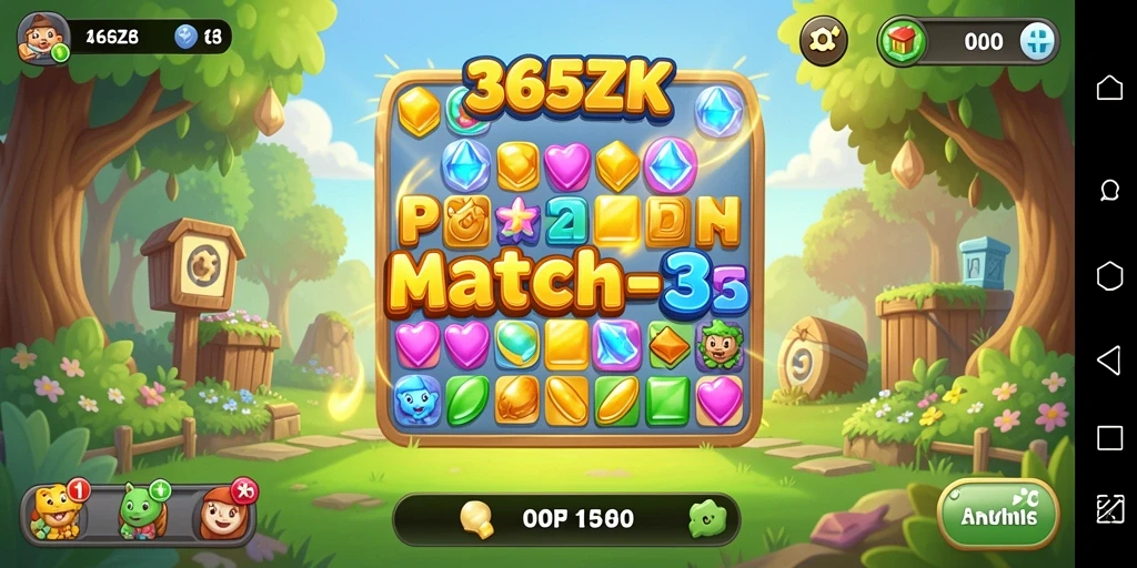 Screenshot 365ZK menunjukkan gameplay Match-3 yang seru dan penuh warna.