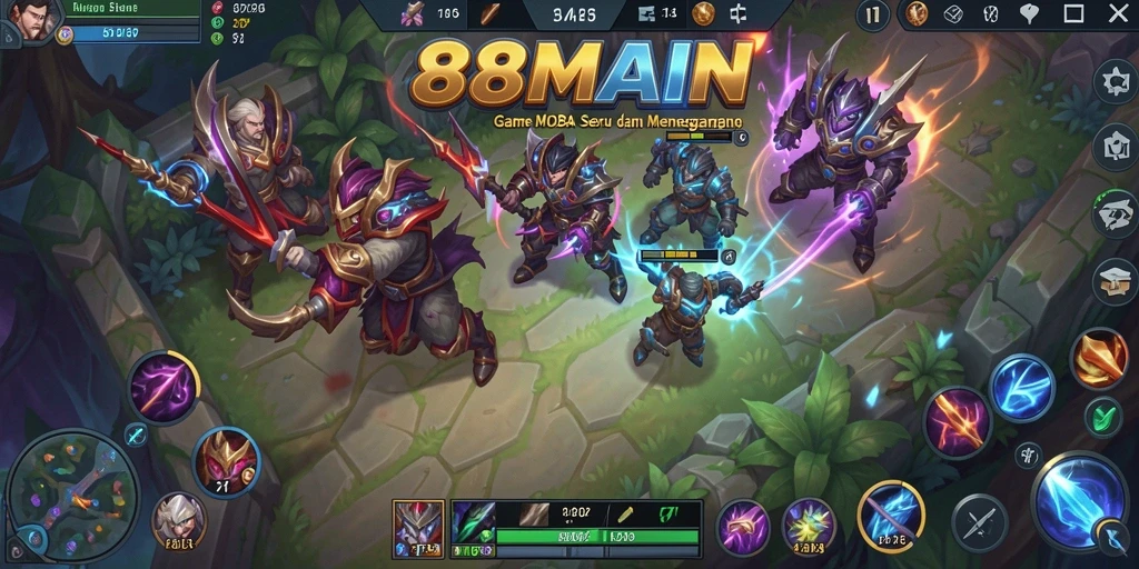 Screenshot gameplay MOBA di 88MAIN menunjukkan aksi seru di medan perang.