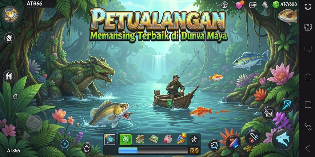 Screenshot gameplay <strong>AT866</strong> menunjukkan aksi seru memancing di lokasi indah.