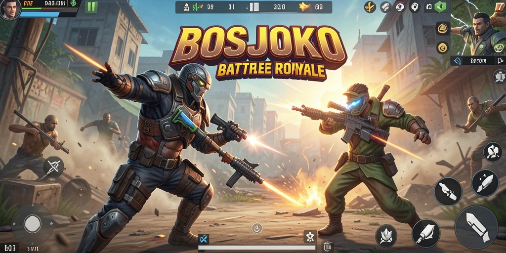 Tangkapan layar gameplay intens dalam <strong>BOSJOKO</strong> yang menampilkan aksi Battle Royale.