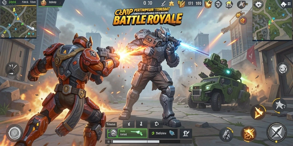 Screenshot utama C8VIP menampilkan aksi pertempuran seru dalam game Battle Royale.