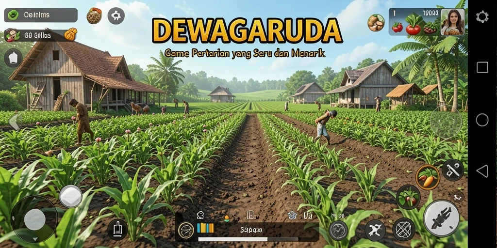 Screenshot gameplay DEWAGARUDA menunjukkan aktivitas pertanian yang seru dan interaktif.