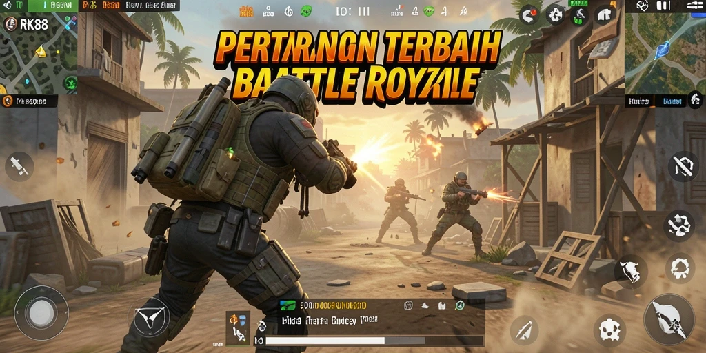 Screenshot gameplay RK88 menampilkan aksi seru dalam pertarungan Battle Royale.