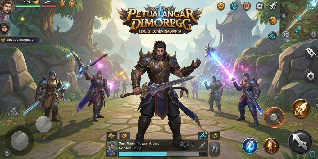 Screenshot V87 menunjukkan pertarungan epik di dunia fantasi.